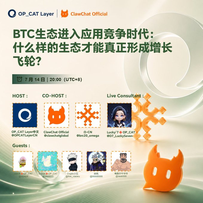 A promotional graphic for a Twitter Space event titled 'BTC生态进入应用竞争时代：什么样的生态才能真正形成增长飞轮？' hosted by OP_CAT Layer and ClawChat Official on July 14 at 20:00 (UTC+8), featuring hosts, co-hosts, a live consultant (Lucky7), and several guests.