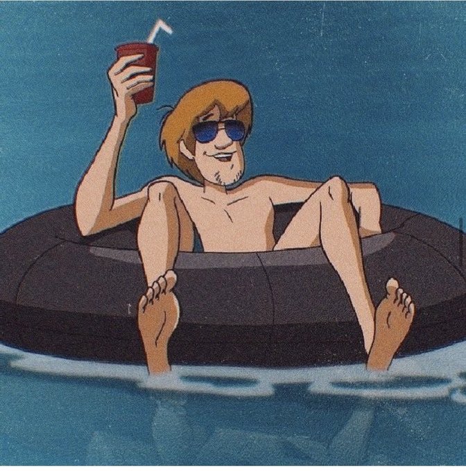 A cartoon-style illustration of Shaggy from Scooby-Doo wearing sunglasses, floating in a black inner tube while holding a red Solo cup with a straw.