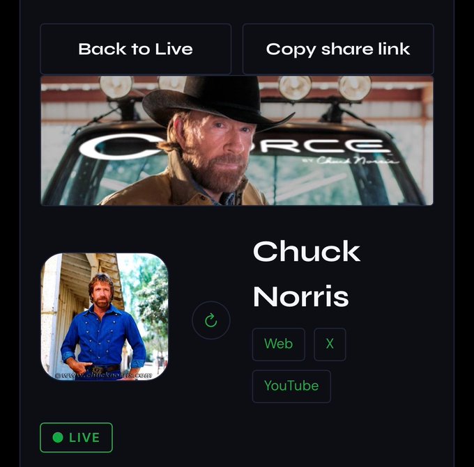 A live-stream screen for “Chuck Norris” includes “Back to Live,” “Copy share link,” a green “LIVE” indicator, and buttons labeled “Web,” “X,” and “YouTube.”