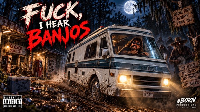A horror-themed promotional artwork displays the bold red and white text "FUCK, I HEAR BANJOS" alongside a creepy scene of a bloodied van, a horror mask character, and warning signs, labeled "PARENTAL ADVISORY EXPLICIT CONTENT" and "#BORN PRODUCTIONS."