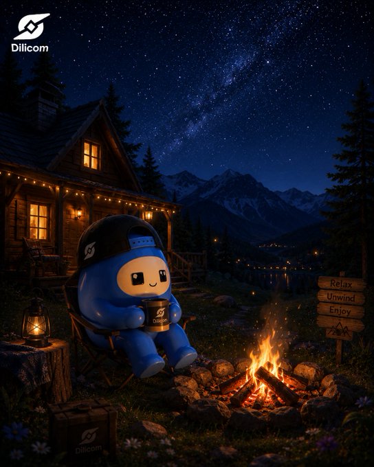 A promotional image featuring a blue mascot character wearing a cap, sitting by a campfire at night with a wooden cabin, starry sky, and a sign reading 'Relax, Unwind, Enjoy,' branded with the Dilicom logo.