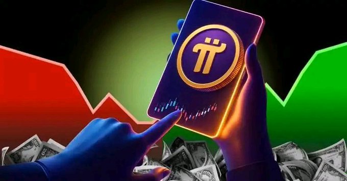 A stylized illustration shows a glowing Pi Network coin on a smartphone displaying a candlestick chart, held above a pile of cash with red and green trend lines in the background—symbolizing how $PI's value depends on real economic activity and adoption rather than mere belief, aligning with the post's emphasis on developers, merchants, and users building a functional network.