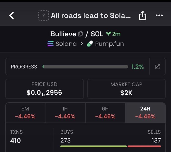 A dark-themed cryptocurrency tracking app screenshot showing a token called "Bullieve" on Solana/Pump.fun with a price of $0.0₅2956, market cap of $2K, and 1.2% progress, showing all-time -4.46% across 5M, 1H, 6H, and 24H periods.
