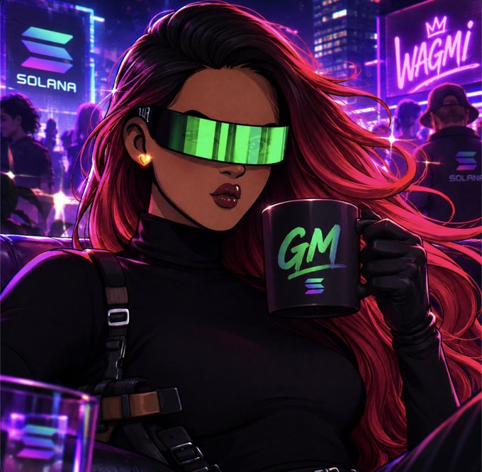 A neon-lit cyberpunk illustration of a woman with red hair wearing green LED visor glasses, holding a black mug labeled 'GM' with the Solana logo. Solana branding and a 'WAGMI' neon sign appear in the background.