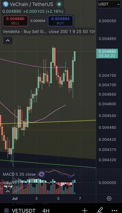 Trading chart showing VeChain/TetherUS (VETUSDT) on a 4-hour timeframe with a current price of 0.004880 USDT, up +2.16%.