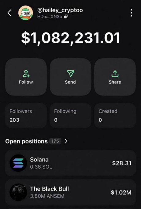 A screenshot of a crypto portfolio showing a balance of $1,082,231.01 with 175 open positions, including 0.36 SOL ($28.31) and 3.80M ANSEM ($1.02M) in "The Black Bull," reinforcing the post's claim of going from $2 to over $1M through crypto trading.