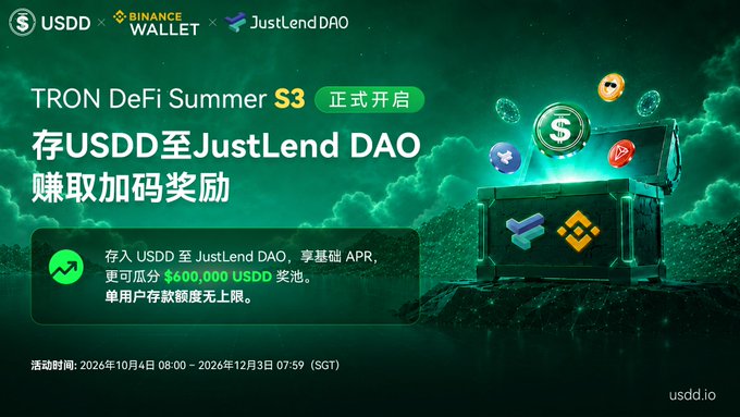 A green promotional banner announces "TRON DeFi Summer S3," featuring logos for USDD, Binance Wallet, and JustLend DAO, highlighting a $600,000 USDD reward pool for depositing USDD into JustLend DAO to earn boosted APRs. The promotion runs from October 4, 2024, to December 3, 2024 (SGT), with an image of a treasure chest overflowing with crypto coins, visually representing the reward pool mentioned in the post.