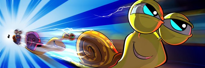 A bright cartoon snail with glowing blue eyes zooms through a speed-blurred blue background, accompanied by a smaller snail, fitting the post's tease that "something might happen here" with @SnailiesNFTs. The dynamic motion lines and racing energy suggest an upcoming event or surprise drop from the Snailies NFT project.