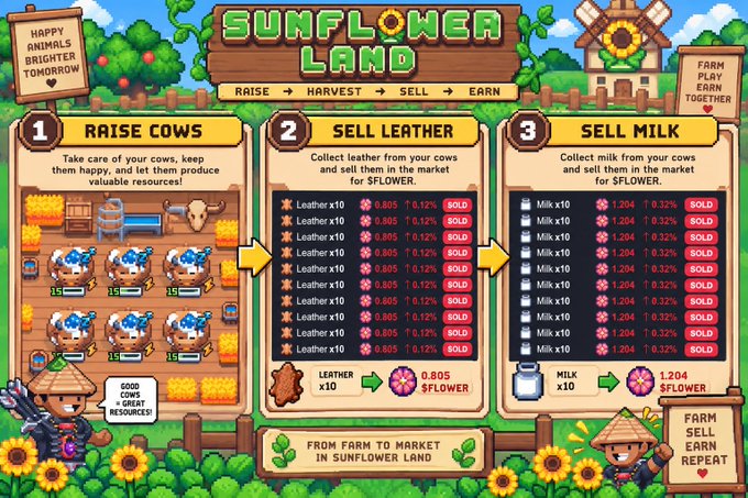 The image is a tutorial/informational graphic for the game "Sunflower Land" showing a three-step farming cycle: (1) Raise Cows by caring for them, (2) Sell Leather by collecting and trading leather x10 for 0.805 SFLFLOWER (0.12% per sale), and (3) Sell Milk by collecting milk x10 for 1.204 SFLFLOWER (0.32% per sale), with the tagline "From Farm to Market in Sunflower Land." 

The image directly supports the post's message by illustrating that the player's farm income now relies on the cow-raising cycle (leather and milk sales) rather than consumable boosts like Lemon Cheesecake and Pizza, highlighting the profit margins of each resource to show which areas generate the most returns.