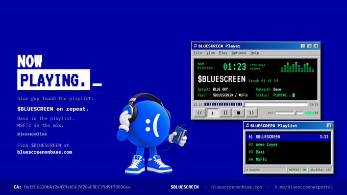 A retro-styled 'NOW PLAYING' graphic for $BLUESCREEN, featuring a blue cartoon character with headphones and a music player interface showing track 01 of 04 playing $BLUESCREEN on repeat.