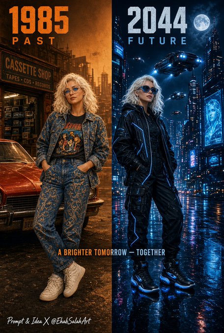 A side-by-side promotional image titled '1985 PAST' and '2044 FUTURE' showing a blonde woman in different outfits and settings, with the tagline 'A BRIGHTER TOMORROW – TOGETHER' and 'Prompt & Idea X @EnahSalahArt'.