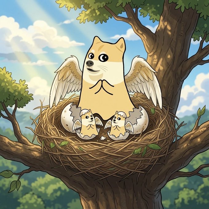 An illustration of a Doge meme character depicted as an angelic winged dog sitting in a tree nest with two baby doges hatching from eggs.
