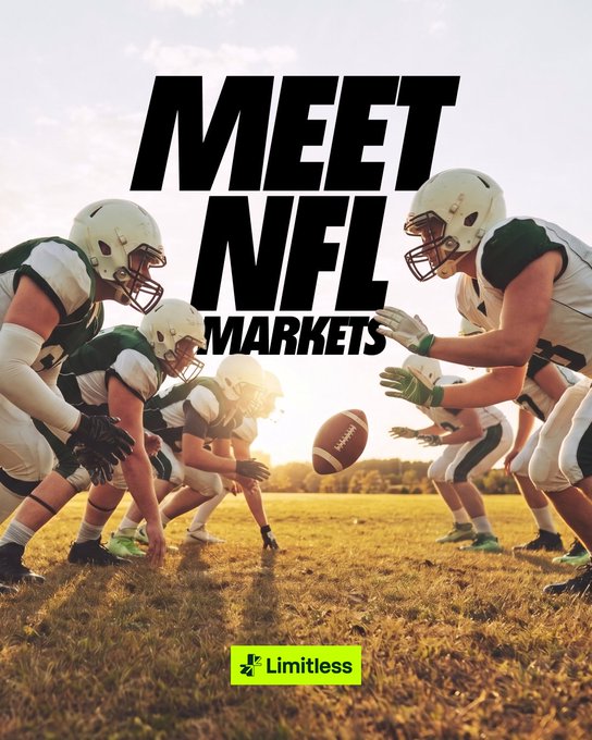 A 'Meet NFL Markets' promotional graphic by Limitless showing football players in green and white uniforms at the line of scrimmage.