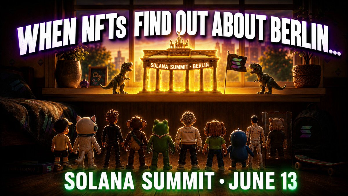 The image features a group of toy figurines standing together, with text above and below them that reads "When Nfts find out about the biggest Solana event in German history... Every single one of them stopped. But the moment they saw what was waiting on that windowsill... Even toys". The focus is on the toys' reaction to the news, creating a sense of curiosity and excitement among viewers.
