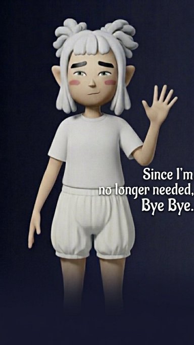 The image features a cartoon character, likely a girl or a woman with white hair, wearing shorts and waving at someone. The caption of the image reads "Since I'm no longer needed. Bye bye." This phrase seems to be related to the game or app being discussed in the image.