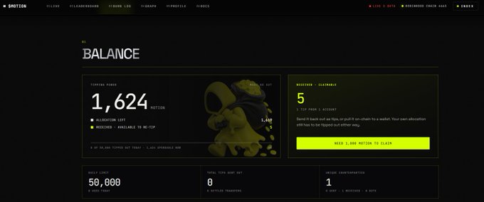 A dark-themed SMOTION balance dashboard showing 1,624 SMOTION tokens remaining from an airdrop, with 50,000 daily limit, 0 airdrops claimed, 1 unique counterparty, and 5 reclaimable Redneck Clan accounts yielding 3,000 SMOTION.