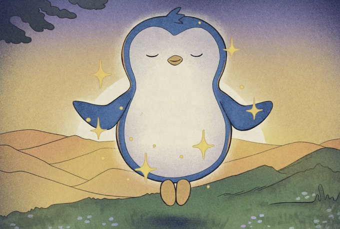 A cute illustration of a blue and white penguin-like creature floating peacefully with closed eyes and sparkles against a sunset desert landscape.