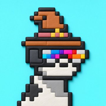 Pixel art of a duck character with an orange bill wearing a black cap with a rainbow pixel stripe and a white and black outfit, set against a turquoise background.