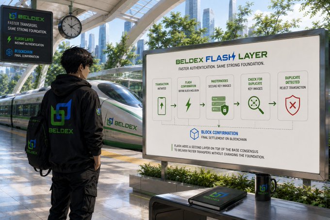 An anime-style promotional artwork for Beldex's 'Flash Layer,' depicting a character looking at a billboard that explains faster authentication, instant authentication, and final blockchain confirmation for transactions.