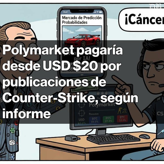 A Spanish-language news thumbnail with cartoon graphics showing a Polymarket prediction market interface, with text 'Polymarket pagaría desde USD $20 por publicaciones de Counter-Strike, según informe.'