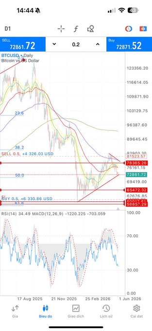 The image displays a smartphone screen with a finance app showing cryptocurrency graphs ( Bitcoins) along with information about trading positions. The top part of the image shows a graph comparing Bitcoin prices over time, while the lower part provides a breakdown of short and long positions in terms of gains or losses. It appears that someone is analyzing these positions on their phone.