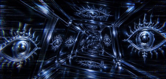 A surreal, dark digital illustration depicts an endless tunnel lined with reflective surfaces, each featuring a large, stylized eye motif.
