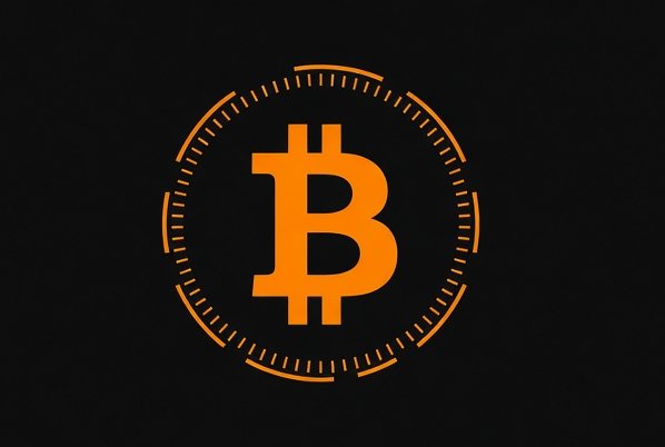 An orange Bitcoin (BTC) logo inside a circular tick-mark design on a dark background.