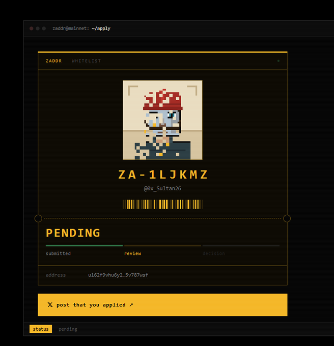 A pixel art profile card displays the username 'ZA-1LJKMZ' and '@Ox_Sultan26' with a 'PENDING' status for a whitelist application.