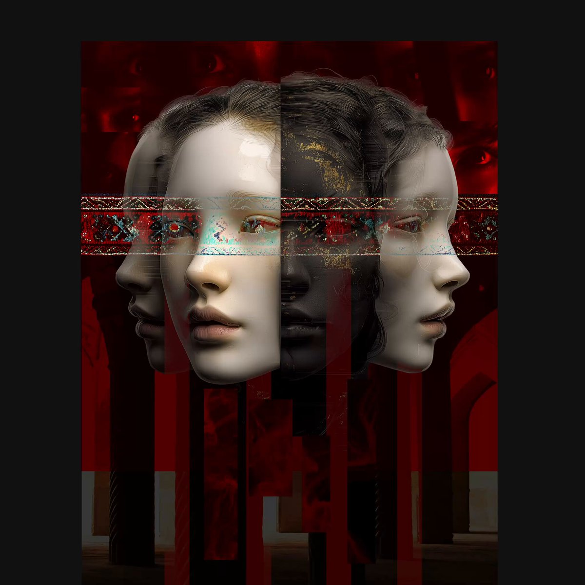 The image features a collage of three faces, each with different skin tones - white, black, and brown. These faces are arranged side by side against a red background, creating an interesting visual effect. The text accompanying the image reads "GM The third piece from The Places My Soul Has Been is now live on @TransientLabs The Selves I Carry in Silence". This phrase suggests that there might be a connection between the three faces and the concept of hidden emotions or memories.