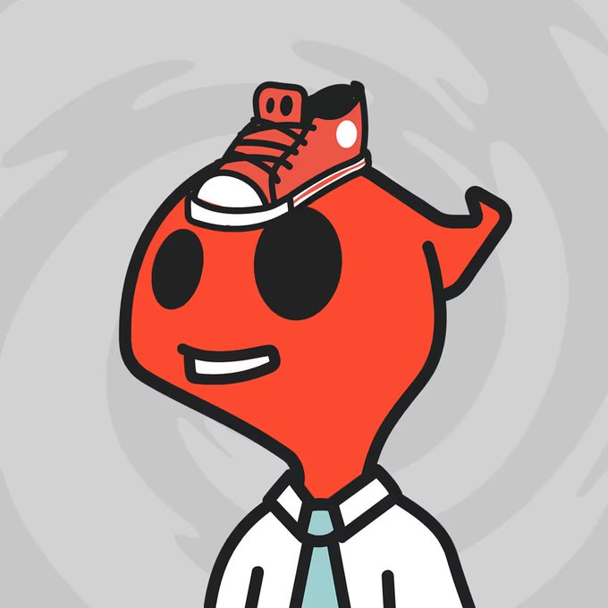 A cartoon illustration of a red, ghost-like character wearing a white shirt and teal tie, with a small red high-top sneaker resting on its head.