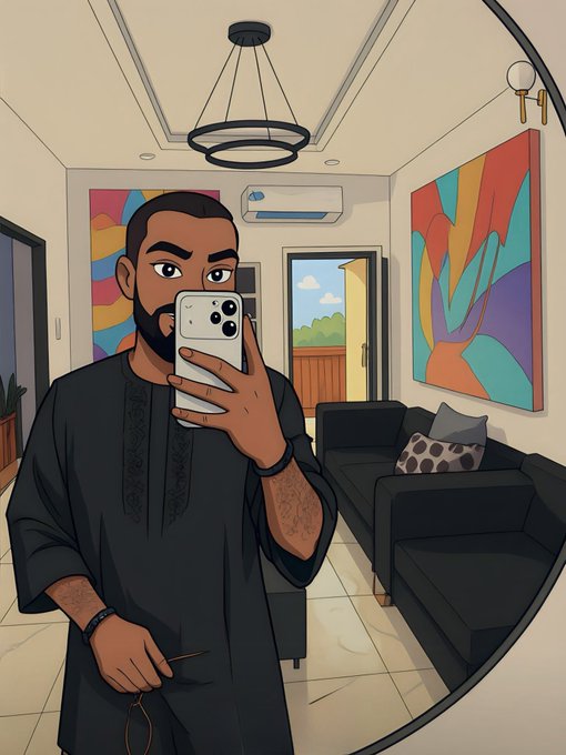 A cartoon-style mirror selfie of a man in black clothing holding a smartphone in a room featuring abstract colorful wall art and a modern chandelier.