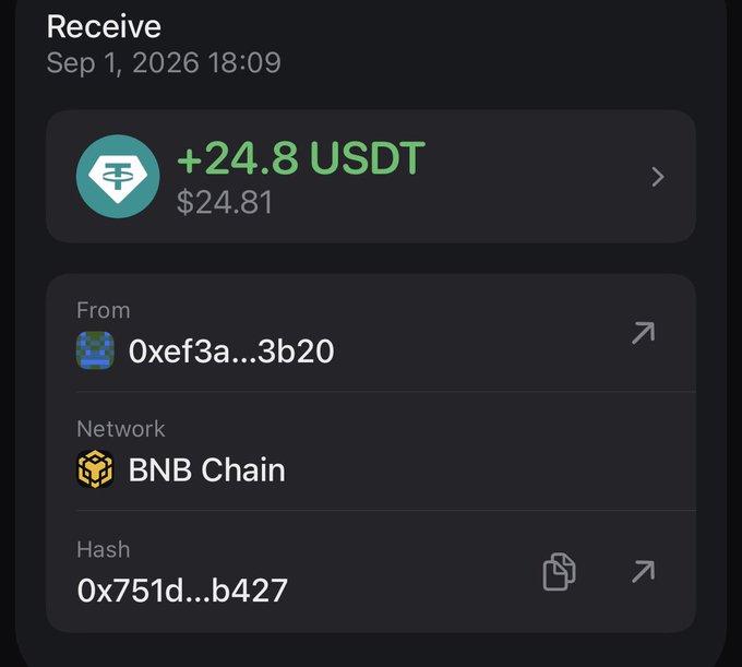A cryptocurrency wallet screenshot showing a Receive transaction of +24.8 USDT ($24.81) from address 0xef3a...3b20 on BNB Chain, dated Sep 1, 2026 at 18:09, with hash 0x751d...b427.
