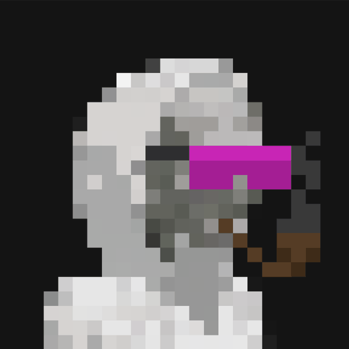 A heavily pixelated gray character figure with a bright magenta/pink rectangular element on its face against a solid black background.