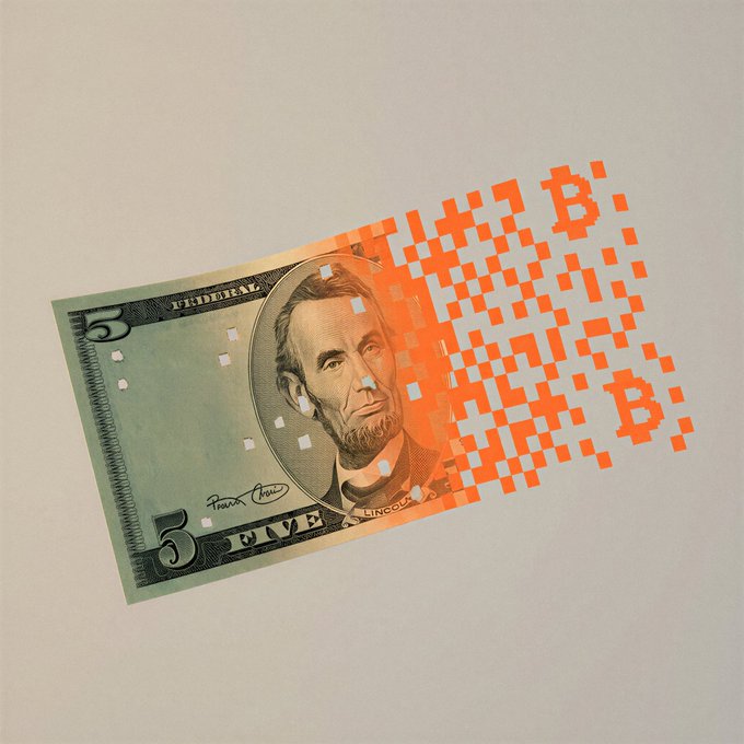 A U.S. five-dollar bill featuring Abraham Lincoln dissolves into pixelated orange squares forming the Bitcoin "₿" symbol, visually representing the post's message "Orange money >>>" by suggesting Bitcoin (orange-themed) is surpassing traditional fiat currency.