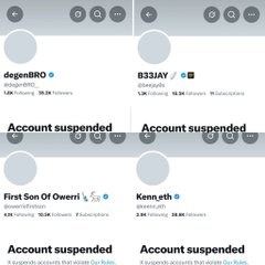A grid of X/Twitter profile pages (degenBRO, B33JAY, First Son Of Oweri, Kenn.eth) all displaying 'Account suspended' notices.