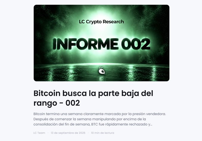 A blog post or article header titled 'LC Crypto Research - INFORME 002' with the headline 'Bitcoin busca la parte baja del rango – 002' in Spanish, dated September 13, 2028.