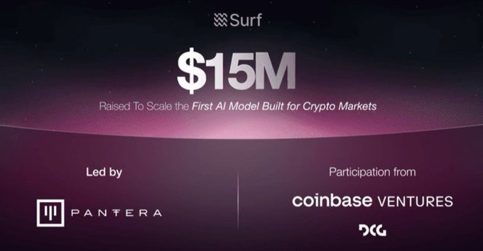 A colorful advertisement for a company called Surf AI, which focuses on artificial intelligence. The image features a purple background with white text and images related to cryptocurrencies and AI. In the bottom right corner of the image, there's a logo for Coinbase Venture. A caption below that reads "Săn Discord Roles nhận Airdrop dự án @SurfAI - gọi vốn mô hình AI tối".