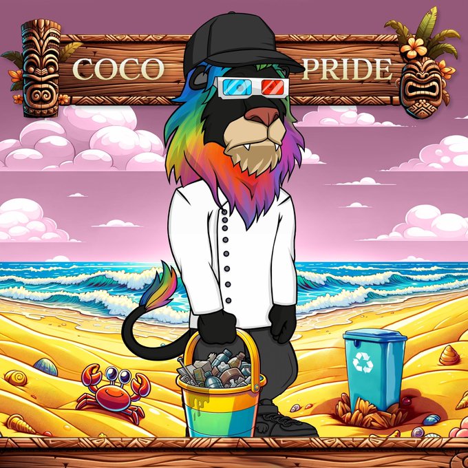 An illustration titled 'COCO PRIDE' depicts a lion-like character with a rainbow mane wearing 3D glasses and holding a bucket of recyclables on a beach next to a blue bin.