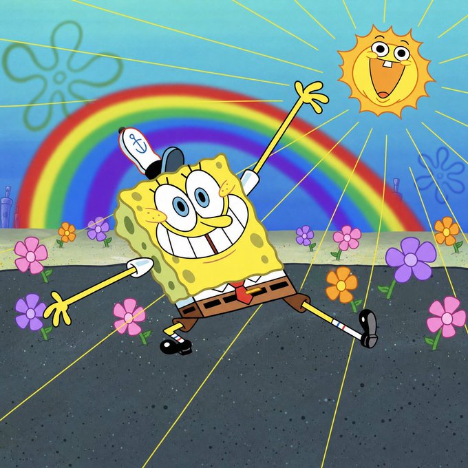 SpongeBob SquarePants strikes an enthusiastic pose with arms outstretched and a huge grin, wearing his Krusty Krab hat, set against a cheerful rainbow and smiling sun backdrop—capturing the same over-the-top, performative optimism as someone pretending to be ready for a new week.