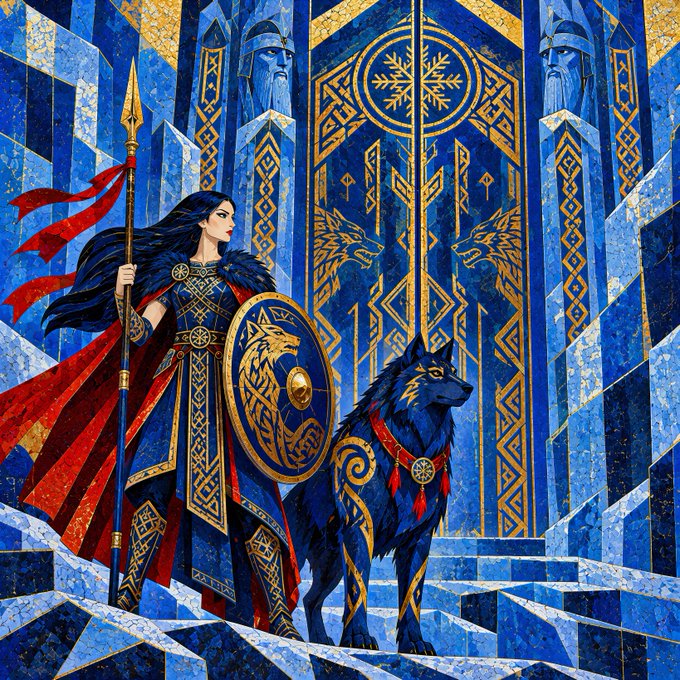 A fantasy illustration depicts a dark-haired warrior woman in ornate blue and gold armor with a red cape, holding a spear and shield, standing beside a large black wolf against a backdrop of blue and gold Norse-inspired architecture.