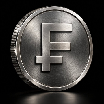 A metallic silver coin features a stylized capital letter "F" design against a dark background.