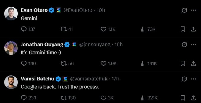 The image shows three tweets from tech figures—Evan Otero, Jonathan Ouyang, and Vamsi Batchu—all celebrating Google's "Gemini" AI launch with captions like "Gemini," "It's Gemini time ;)," and "Google is back. Trust the process." These posts contrast the hype around Google's Gemini release with the accompanying context mocking the situation, likely highlighting how Google's polished Gemini rollout overshadowed or outperformed competing models like GLM's "Ox Alpha."