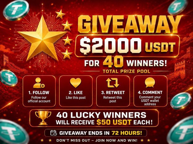 The image is a vibrant red and gold promotional graphic advertising a "$2,000 USDT GIVEAWAY FOR 40 WINNERS!" with a total prize pool where 40 lucky winners will each receive $50 USDT. It outlines the entry steps (Follow, Like, Retweet, Comment with a USDT wallet address) and notes the giveaway ends in 72 hours, matching the accompanying post's announcement of the same $2,000 USDT giveaway and entry requirements.