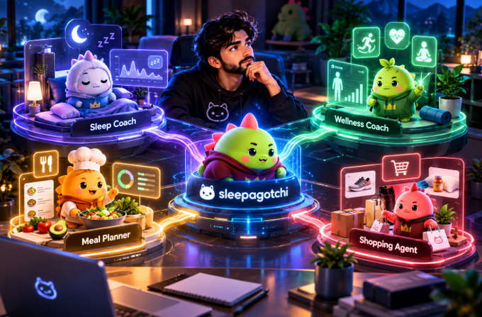 An illustration of a man surrounded by colorful floating digital interfaces featuring cute cartoon mascots labeled 'Sleep Coach', 'Wellness Coach', 'Meal Planner', and 'Shopping Agent', all connected to a central 'sleepagotchi' hub.