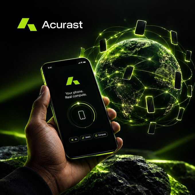 A hand holds a smartphone displaying the Acurast logo and the text "Your phone. Real compute." with AI, Web3, and Compute tabs, set against a glowing green Earth surrounded by orbiting mobile devices that visually represent a decentralized global network. The image illustrates how Acurast transforms ordinary smartphones worldwide into a distributed cloud, aligning with the post's message of replacing traditional data centers with a peer-powered network spanning 300K+ phones across 175+ countries.