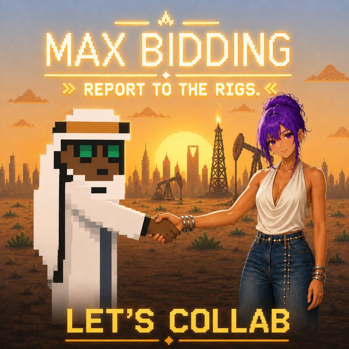 A promotional graphic titled 'MAX BIDDING' with subtitle 'REPORT TO THE RIGS' and 'LET'S COLLAB' showing a pixelated character shaking hands with an anime-style woman in front of an oil rig sunset.
