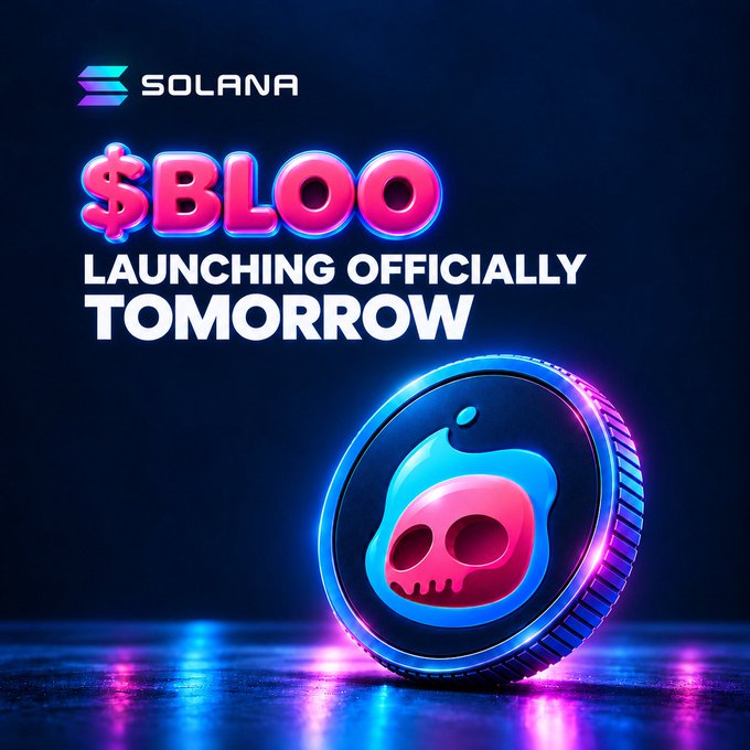 A neon-lit promotional graphic announces "$BLOO LAUNCHING OFFICIALLY TOMORROW" on the Solana blockchain, featuring a vibrant 3D coin emblazoned with a skull-like blob mascot in pink and blue, aligning with the post's airdrop campaign details for the meme coin's upcoming launch.