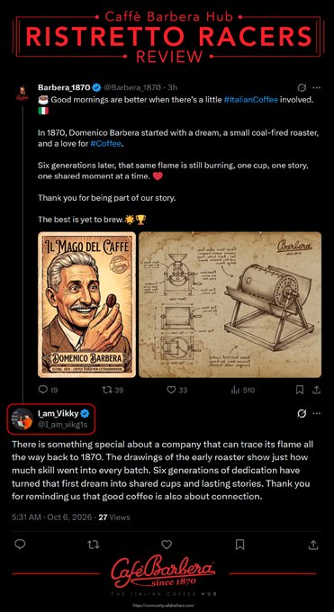 A Twitter post by 'Barbera_1870' (@barbera_1870) promoting Italian coffee, reviewed by 'Lam Vikky' (@i_am_vikgts) under the header 'Caffe Barbera Hub RISTRETTO RACERS REVIEW', featuring vintage-style images of Domenico Barbera and a coffee roaster.