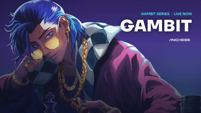 A promotional image for a Gambit Series "ANICHESS" featuring an anime-style character with blue hair and round sunglasses, wearing a pink jacket and gold chains.