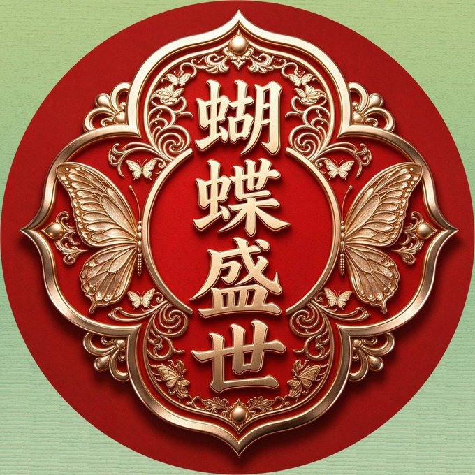 A circular red and gold emblem features ornate Chinese characters "蝴蝶盛世" (Butterfly Prosperity/Glory) flanked by two symmetrical golden butterflies, with smaller butterflies and floral filigree decorating the ornate frame. The design serves as the official logo for the "Butterfly Glory" memecoin project, visually reinforcing the token's butterfly theme with traditional Chinese aesthetic elements that align with the project's BSC chain Chinese Meme positioning.